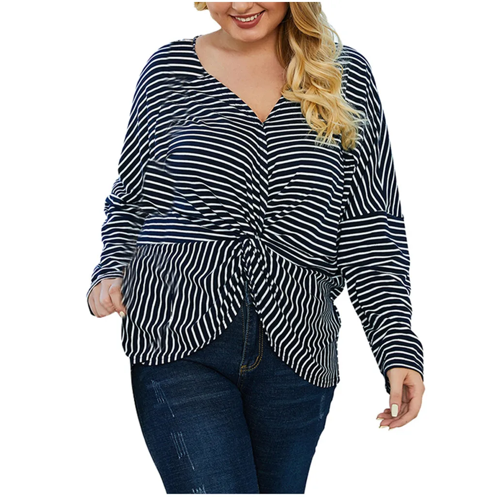 Womens Blouse Fashion Stripe Print Losse Long Sleeves Blouse Tops V-Neck Knot Irregular Top Blouse Shirt Plus Size XL-4XL L1231