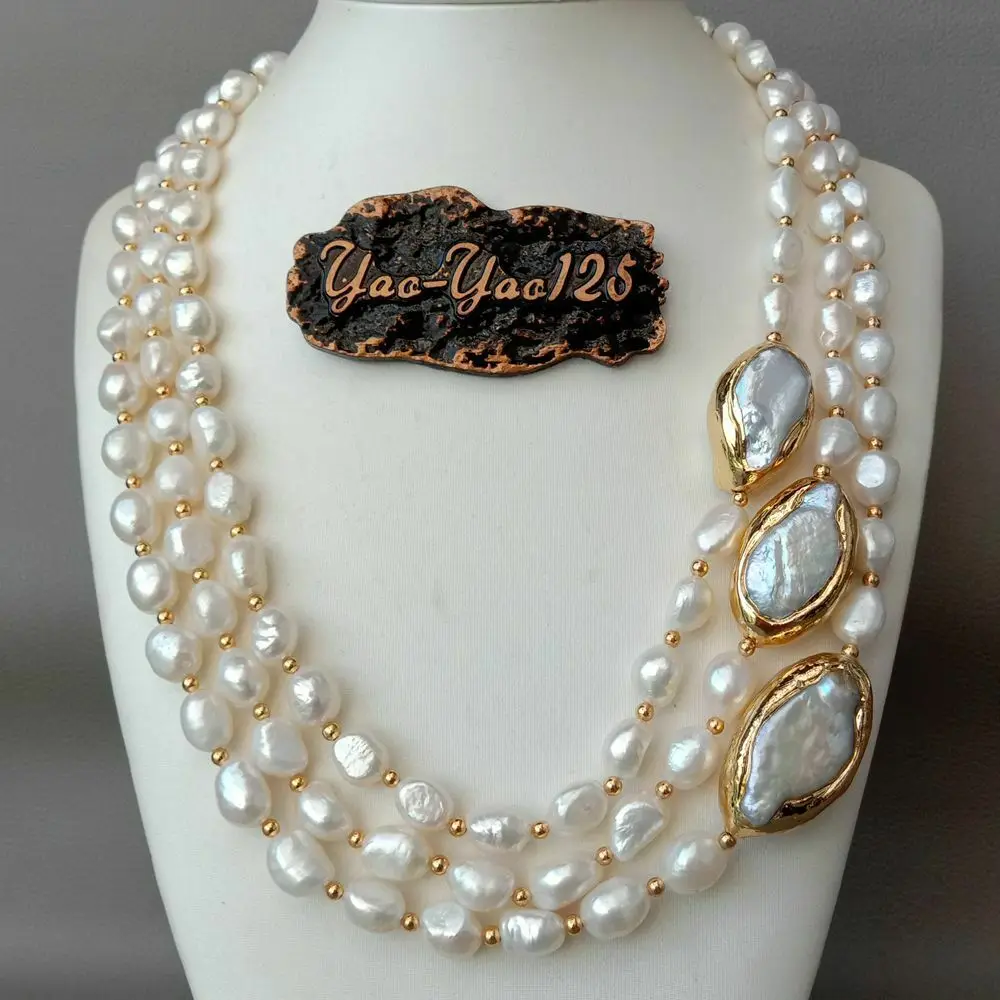 2" 3 ряда культивированный барокко жемчужное ожерелье Кеши жемчуг позолоченный разъем