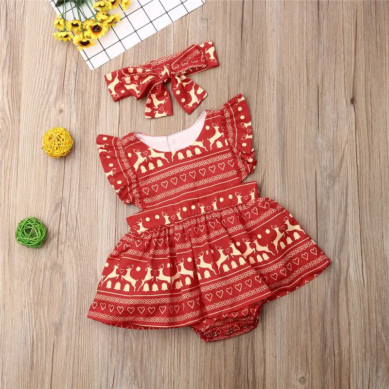 Kids Baby Girls Bodysuit Dress Infant Christmas Outfit 2Pcs Newborn Ruffles Red Jumpsuit+Headband Toddler Party Outfit Clothes