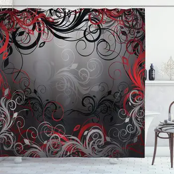 

Red and Black Shower Curtain by Ambesonne Mystic Magical Forest Inspired Floral Swirls Leaves Nature Artwork Fabric Bathroom