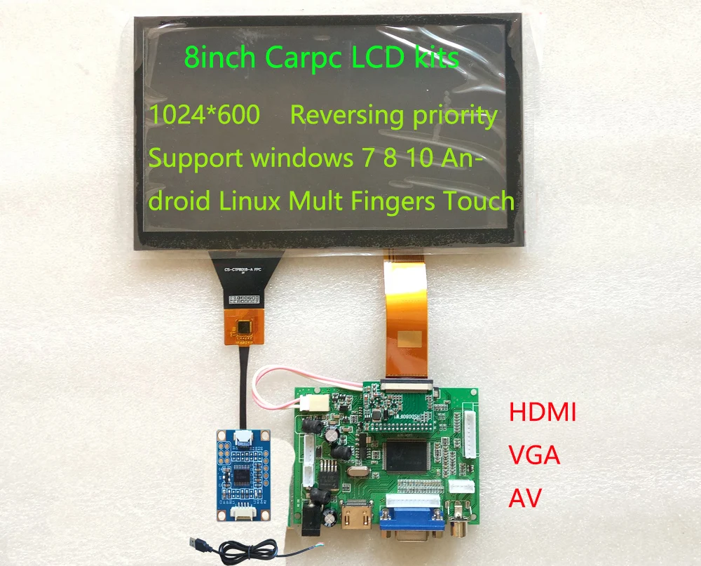 HSD080IFW1-A00 de 8 pulgadas con resolución de 1024x600, 600 de brillo, LCD de navegación para Carpc, con placa controladora táctil, Android y windows