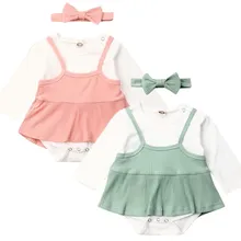 Focusnorm/комплект из 3 предметов для новорожденных девочек 0-18 месяцев, набор комбинезончиков, однотонный комбинезон с длинными рукавами, платье-комбинация, повязка на голову, милый осенний наряд, одежда