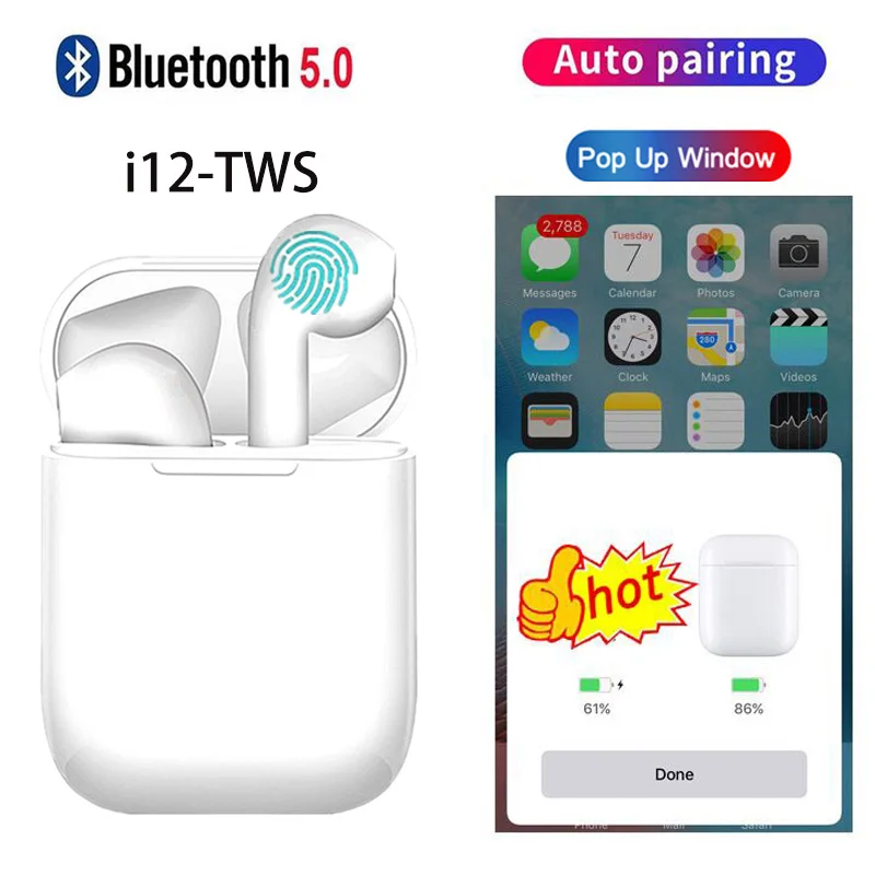 

i12 TWS Bluetooth 5.0 Earphone Headset True Wireless Earbuds Bluetooth Headphones With Mic Stereo Eirpods Charger Box For Xiomi