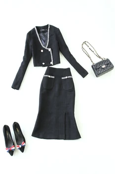 

Autumn and winter new style small fragrant lace woolen tweed coat + hip skirt fishtail skirt black suit
