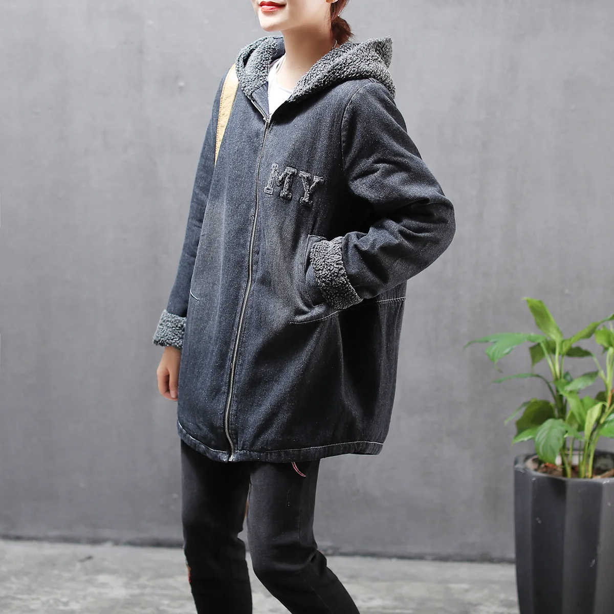

Artistic MORI Series 19 Autumn New Style Simple Solid Color Cowboy plus Cotton Loose Casual Versatile Coat Cotton Coat 6477