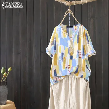 

2020 ZANZEA Fashion Printed Tee Shirt Women's V Neck Blouse Vintage Short Sleeve Tops Female Causal Loose Blusas Plus Size Tunic