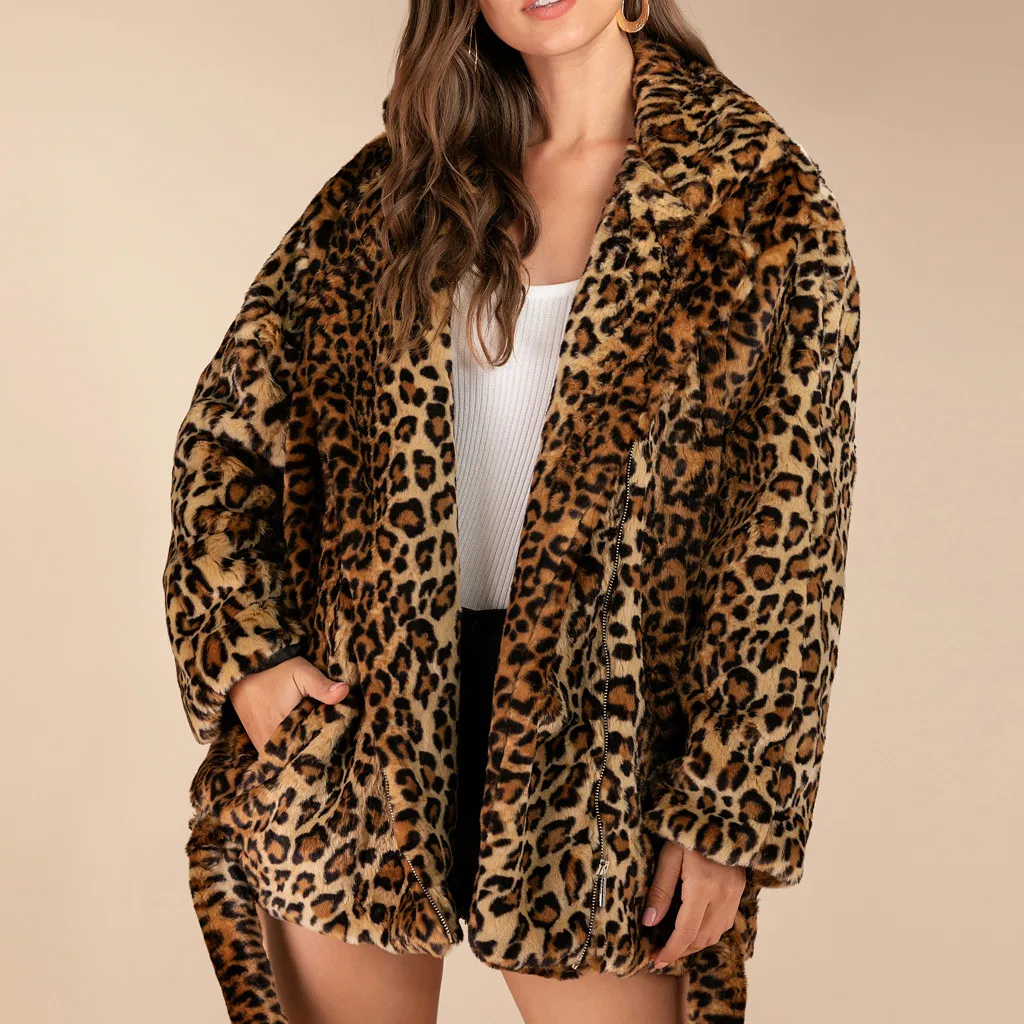 

Faux Fur Coat Leopard Print Winter Jacket Women Outwear Cardigan Loose Hooded Pocket Coat Plush Long Sleeve Jacket Overcoat