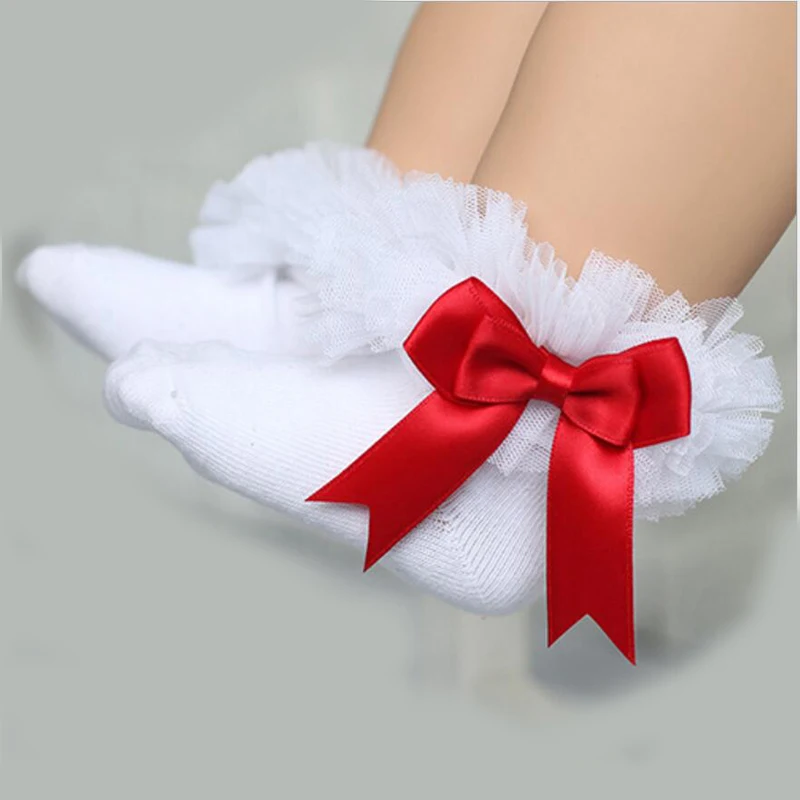 Носки для маленьких девочек с бантом и кружевными оборками; хлопковые носки принцессы с лентами; разные цвета; серый, красный, черный, розовый, белый