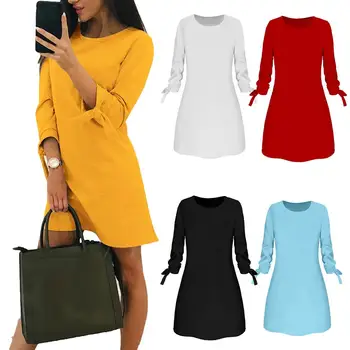 

Casual Women Autumn Solid Color O Neck 3/4 Drawstring Sleeve Loose Mini Dress