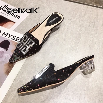 

Clear Heel Shoes Women Spring Pumps Open Back Female Rhinestone Mules Slippers Brand Buckle Designer Shoe Woman Dress Slides New