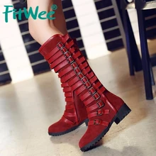 FITWEE, Размеры 33-46, новые женские сапоги до колена на плоской подошве с круглым носком, женские теплые зимние сапоги на меху В рыцарском стиле женская обувь с пряжкой