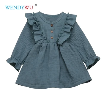 

WENDYWU Ruffle Princess Dress For Girls Kids Baby Girl Solid Linen Button Ruffle Princess Party Dress Clothes Dress For Girls