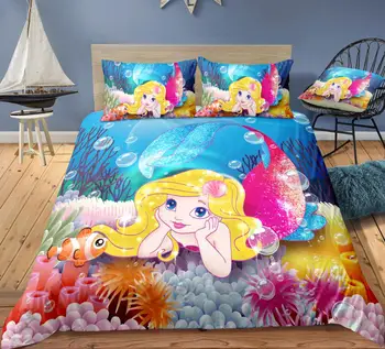 

KTLRR Mermaid Duvet Cover Sets,Cute Anemone Mermaid Printing Duvet Cover with Pillowcase Bedroom Bedding Sets,100% Microfiber