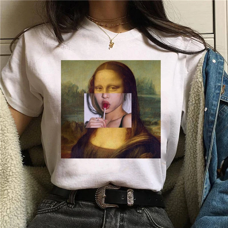 Mona Lisa Эстетическая Harajuku футболка женская Ullzang винтажная графическая футболка Веселая мультяшная футболка 90s корейский стиль Топы Футболки женские - Цвет: 20158