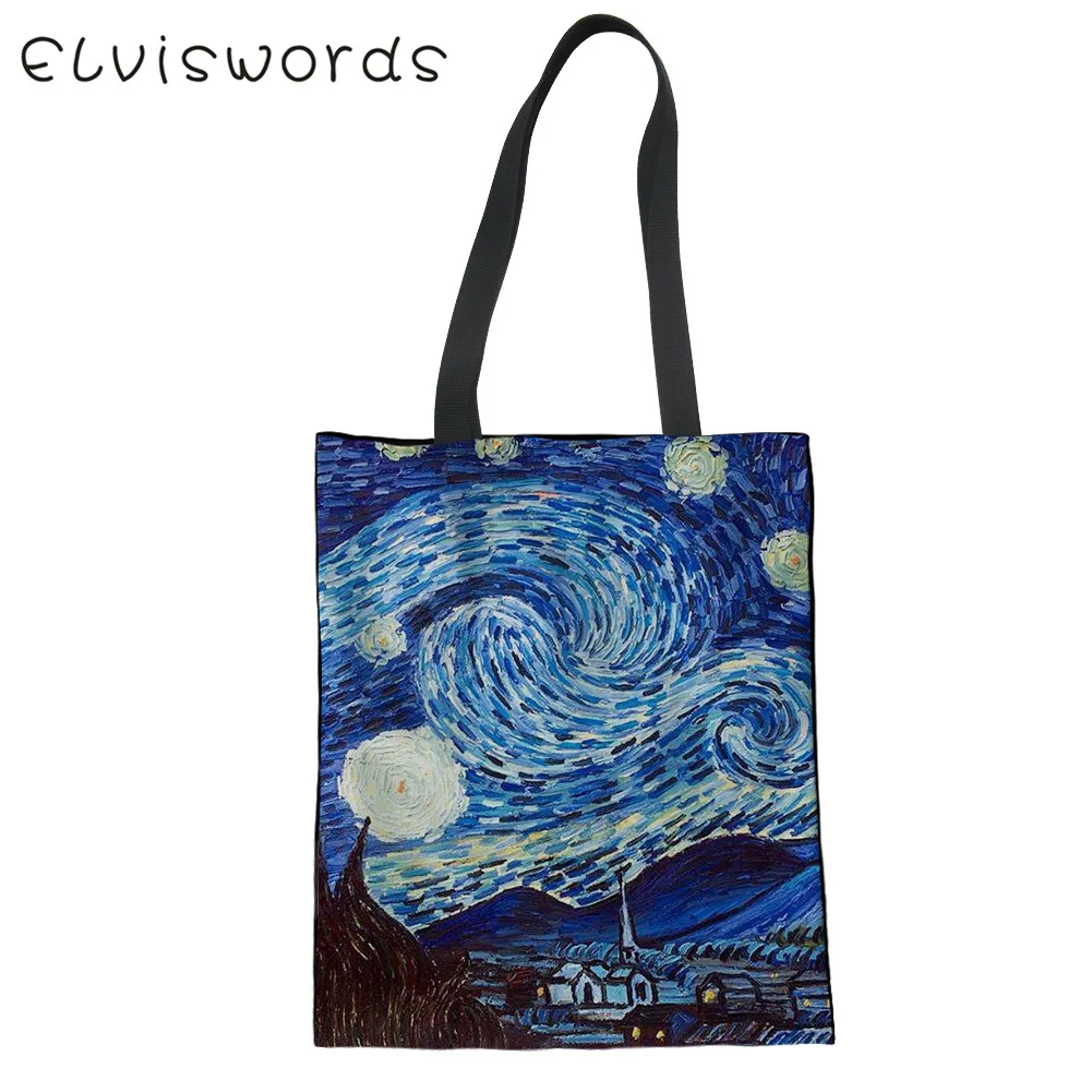 

ELVISWORDS Van Gogh Oil Painting Starry Night Women Casual Shoulder Bags Line Large Eco Shopping Handbags Harajuku Hot Sales