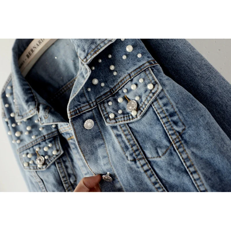 Women Pearl Embellished Denim Jacket With Long Sleeve JKP4722