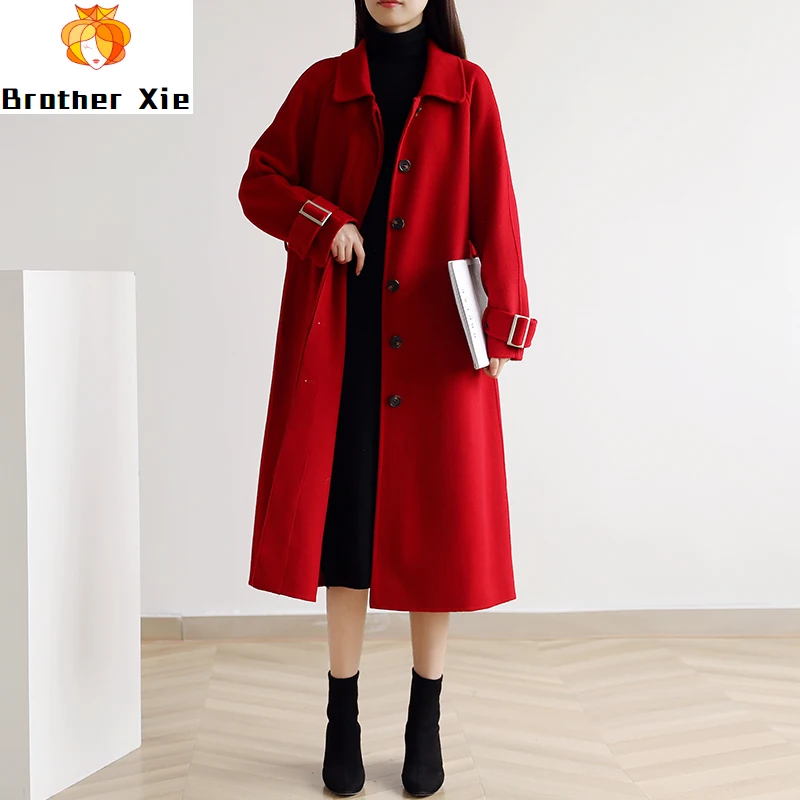 

Red double long cashmere coat whom young han edition loose 2020 new high-end double coat