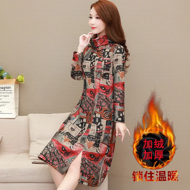 

2019 Autumn And Winter New Style Korean-style High Collar Long Dress Elegant Brushed And Thick Loose-Fit Slimming Large Size Bas