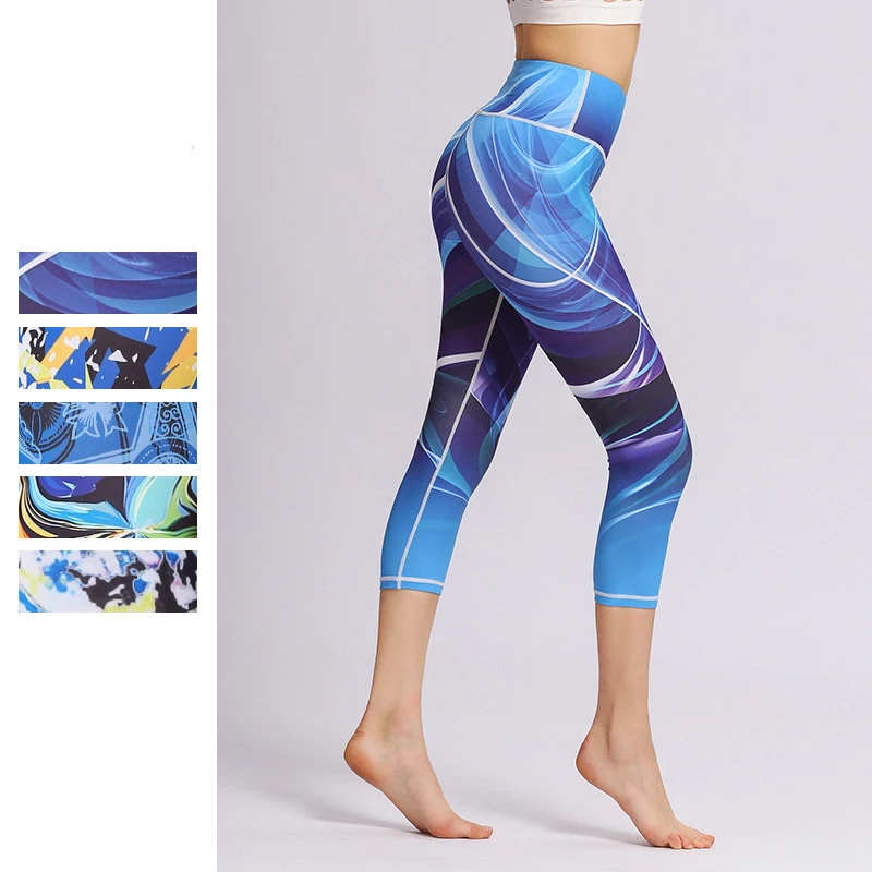 

Women Seven-cent Trousers Yoga Pants High Waist Digital Printing Thin Sliim Elastic Soft Tight Fitness Running Gym Leggings