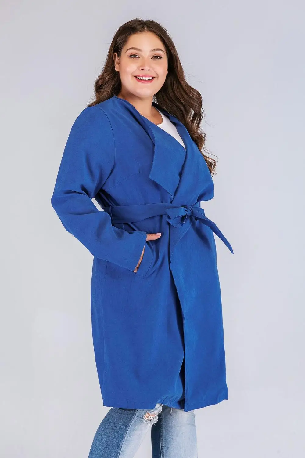 autumn winter women plus size casual loose long sleeve coat trench windbreaker large size with belt blue 4XL 5XL 6XL 7XL