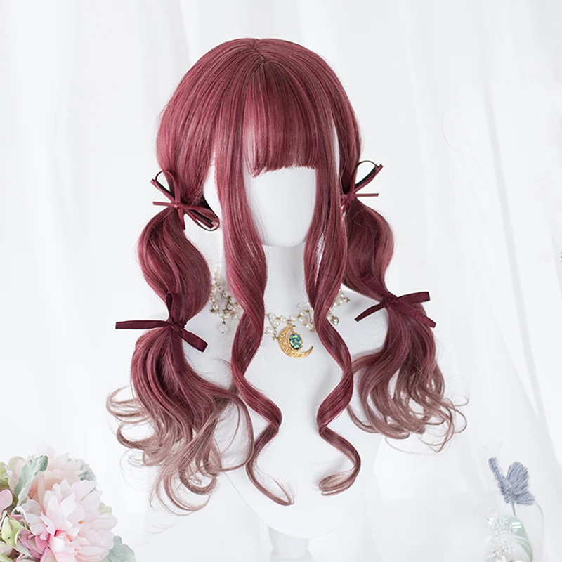 Косплей салон 55 см Лолита длинные кудрявые смешанные темно-красные Омбре челки синтетические волосы вечерние Япония Хэллоуин косплей парик