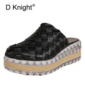 

Summer Platform Wedge Heel Slides Shoes For Woman Round Toe Thick Bottom Woven Genuine Leather Ladies Sandal Slippers High Heels