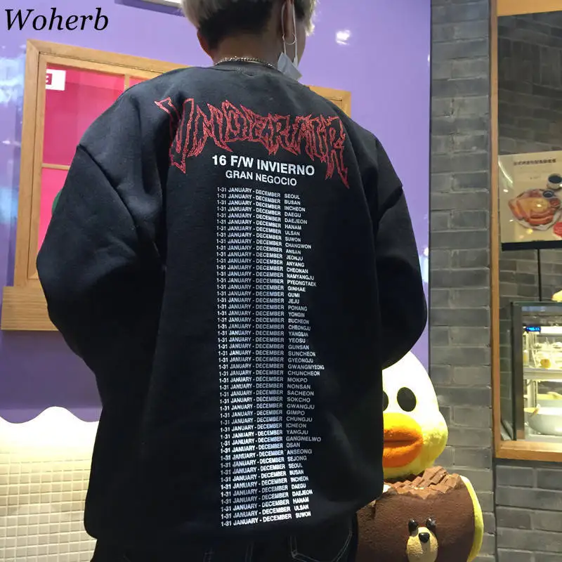 Woherb японский Harajuku Черный свитшот с буквенным принтом толстовки повседневные свободные топы пуловеры модная новая уличная одежда