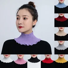 Malha gola falsa cachecol bib pulôver feminino gola alta malha cor sólida plissado destacável cachecol inverno à prova de vento acessórios