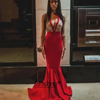 

Red Deep-v Evening Dress Spaghetti Straps Mermaid Robe De Soiree Dubai Saudi Arabic Evening Gown Red Prom Dress vestidos