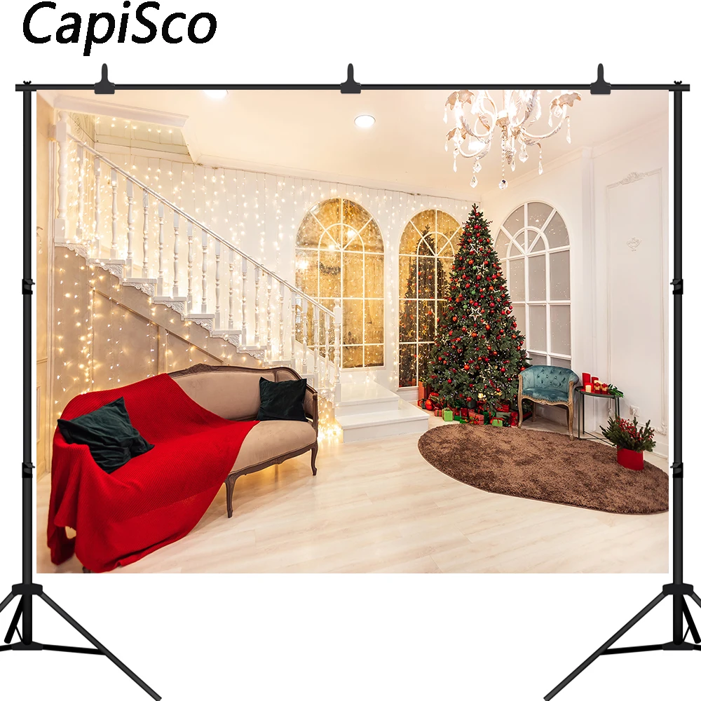 

Capisco Photography Backdrop Luxury Living Room Christmas Tree Fireplace Stairs Background Photo Booth Phtoocall Studio Props