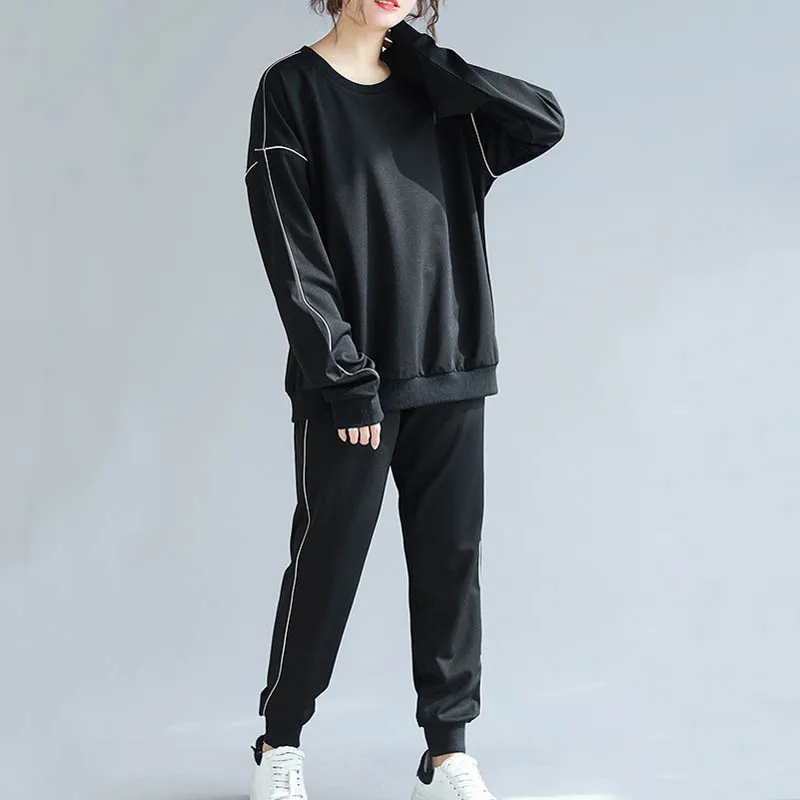 Осенние свитшоты для женщин размера плюс, обхват груди 130 см, 6XL, 7XL, комплект свитеров черного цвета, комплект из двух предметов