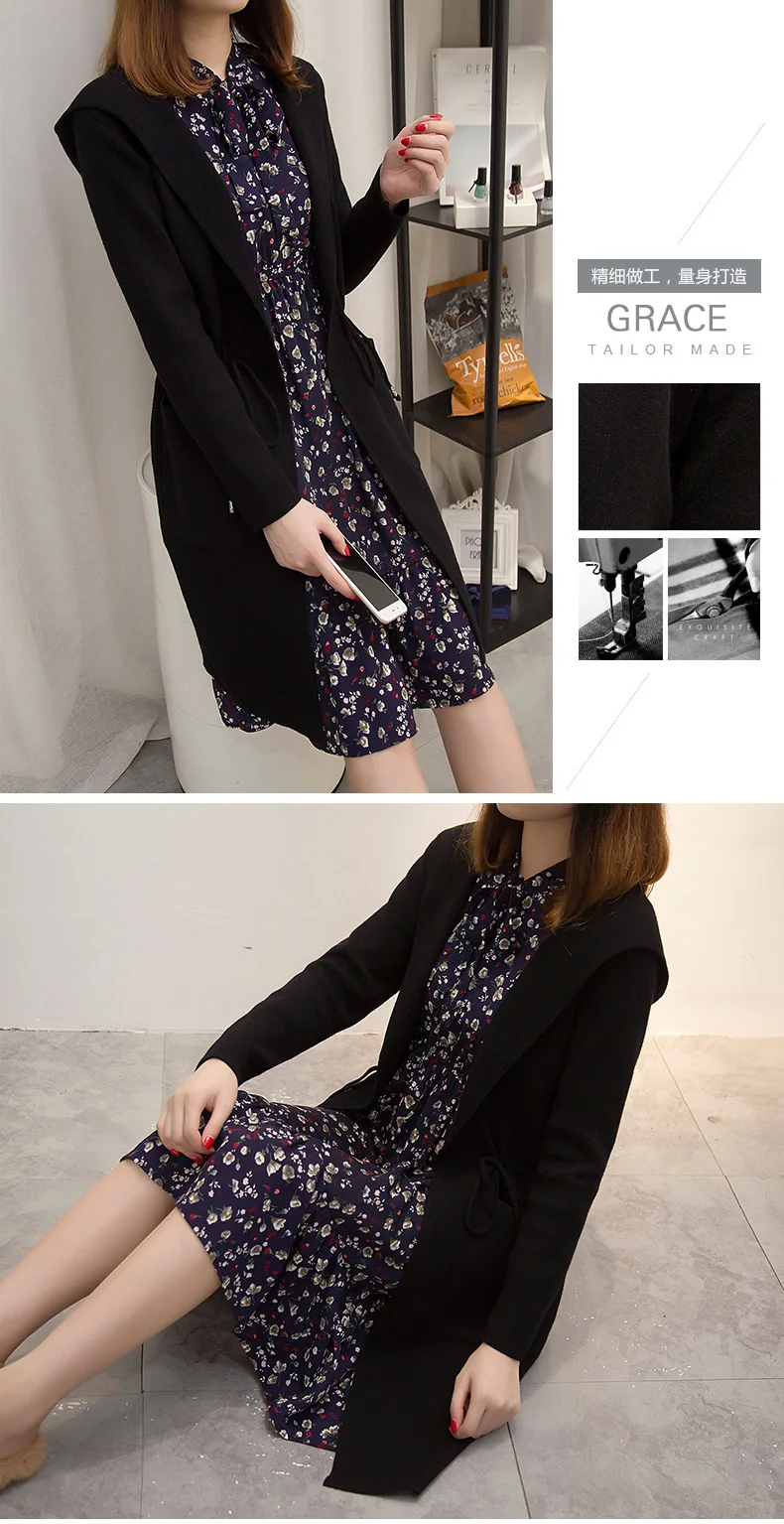 Spring Autumn Women Belt Loose Hooded Knitted Long Cardigan Sweater Jacket Female Warm Tricot Coat Casaco Mujer AQ577