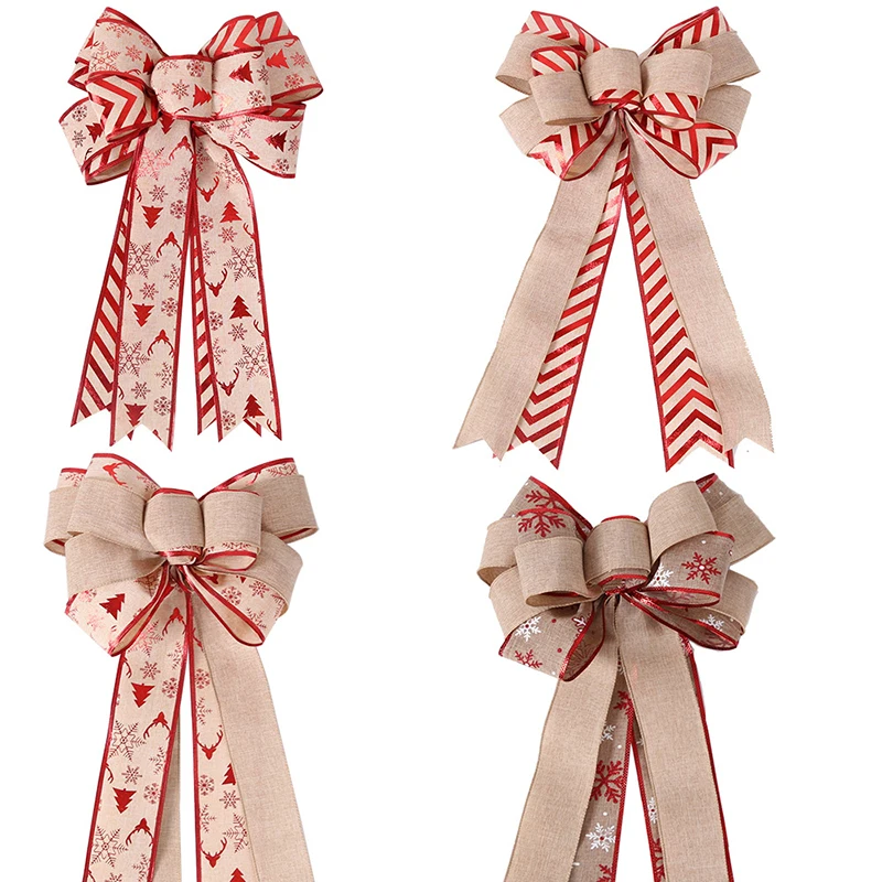 46*28cm Double Layer Linen Bow Christmas Bow-knot Christmas Tree Decorations Maple Leaf Striped Snowflake Khaki Bow Decor