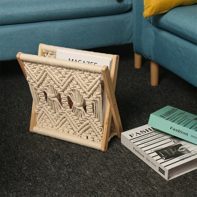 Nordic Cotton Woven Storage Basket Boho Macrame Knitting Folding Magazine Rack Desktop Book Shelf