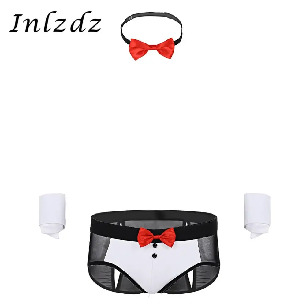 Mens Lingerie Set See Through Open Butt Briefs Sissy Underwear with Bow Tie and Cuffs FancyCosplay Costume Outfit Exotic | Тематическая