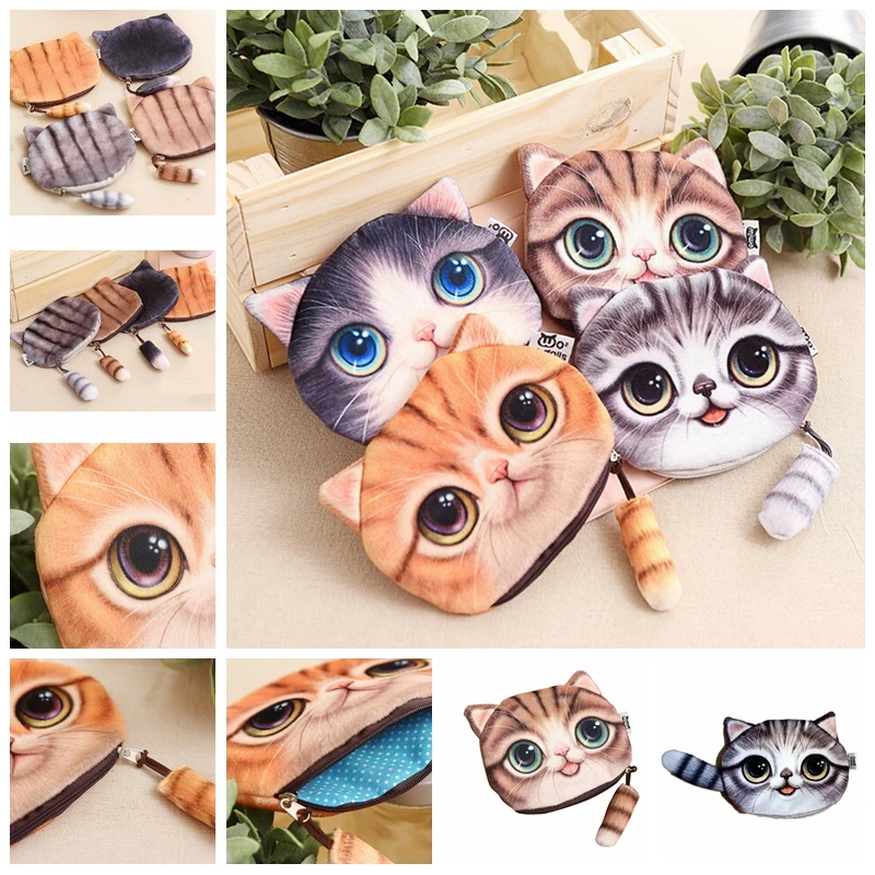 1 шт. 13*16 см 3D Kawaii кошка лицо Женщины Девушки плюшевый Кошелек Чехлы Милая монета с изображением животного кошелек