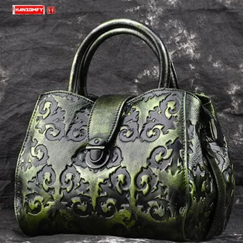 

Ladies Retro Genuine Leather Women Handbag Hand-brushed Female Small Shoulder Crossbody Bag Embossed Lock Bags Top Layer Leather