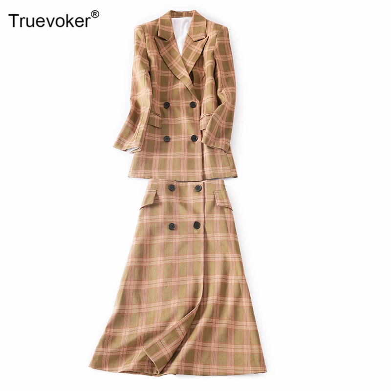 

Truevoker Autumn Designer Clothing Sets Women's High Street Fashion Full Sleeve Vintage Plaid Printed Blazers Top With Skirt Set