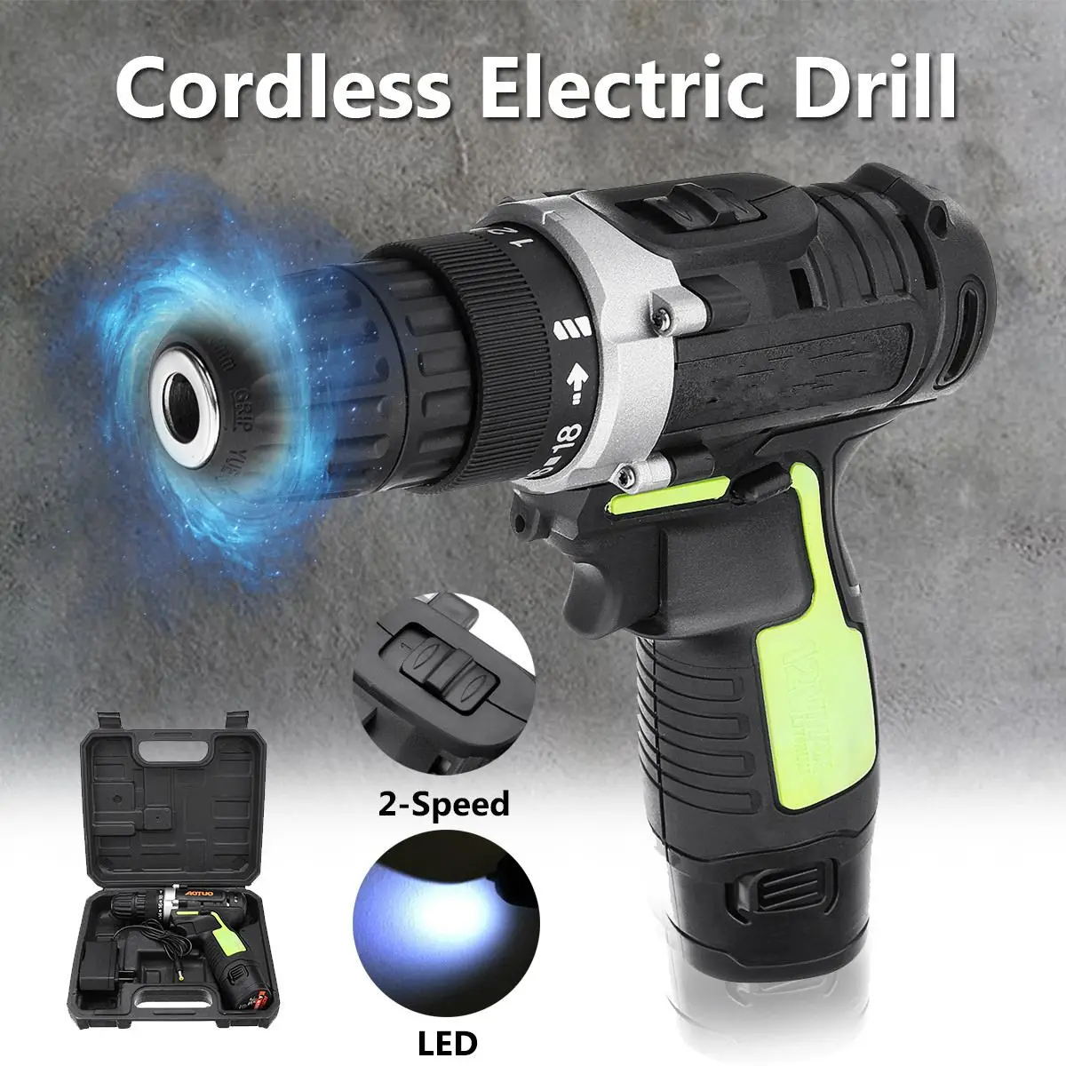 

12V 220V 2 Speed Wireless Cordless Electric Screwdriver Impact Drill Rechargeable Lithium-ion Battery With LED Light Power Tools