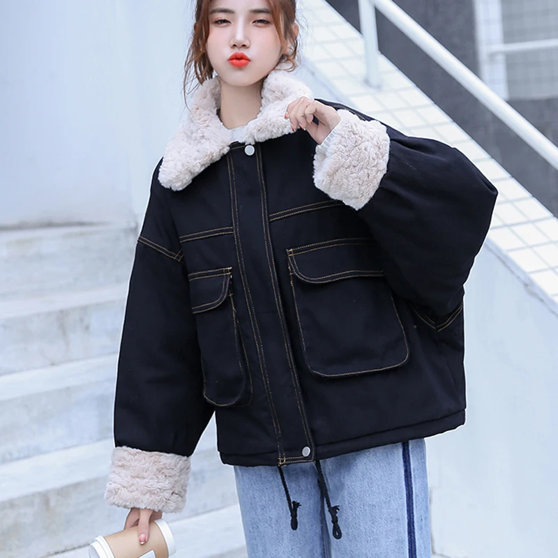 

2020 New Atumn Winter Fashion Black Woolen Coat Korean Women Causal Lambswool Lapel All-Match Short Thick Oversize Coat Tops