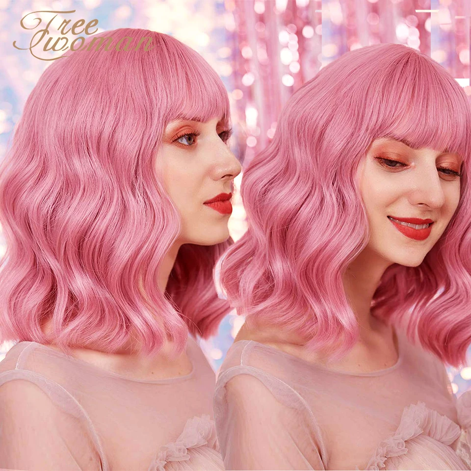 Парик FREEWOMAN из пастельных волн с воздушной челкой женский короткий розовый парик