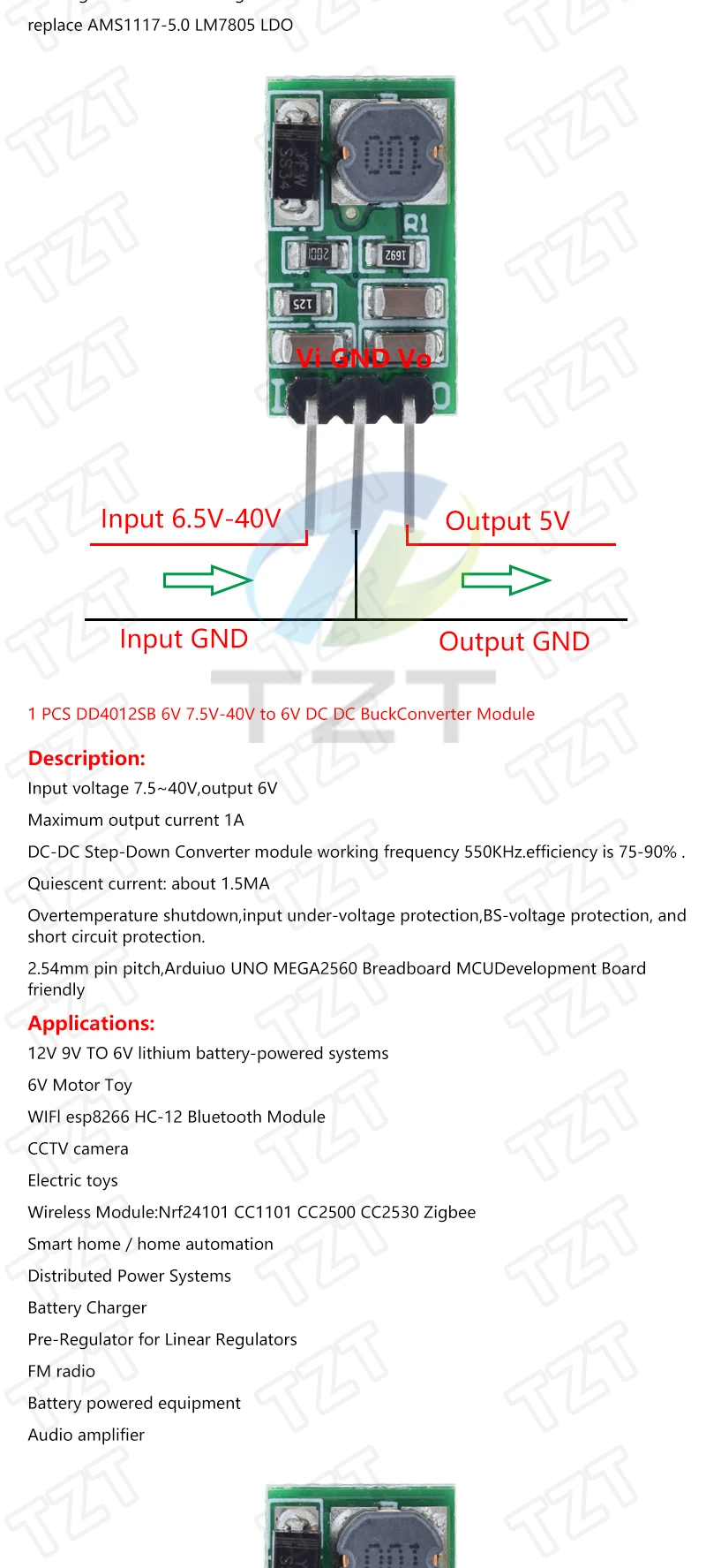 TZT 1/3/5PCS DD4012SA 1A DC 5-40V zu 3V 3,3V 3,7V 5V 6V 7,5V 9V 12V Regler DC-DC Step-Down Buck Converter Modul Bord – Detail 4