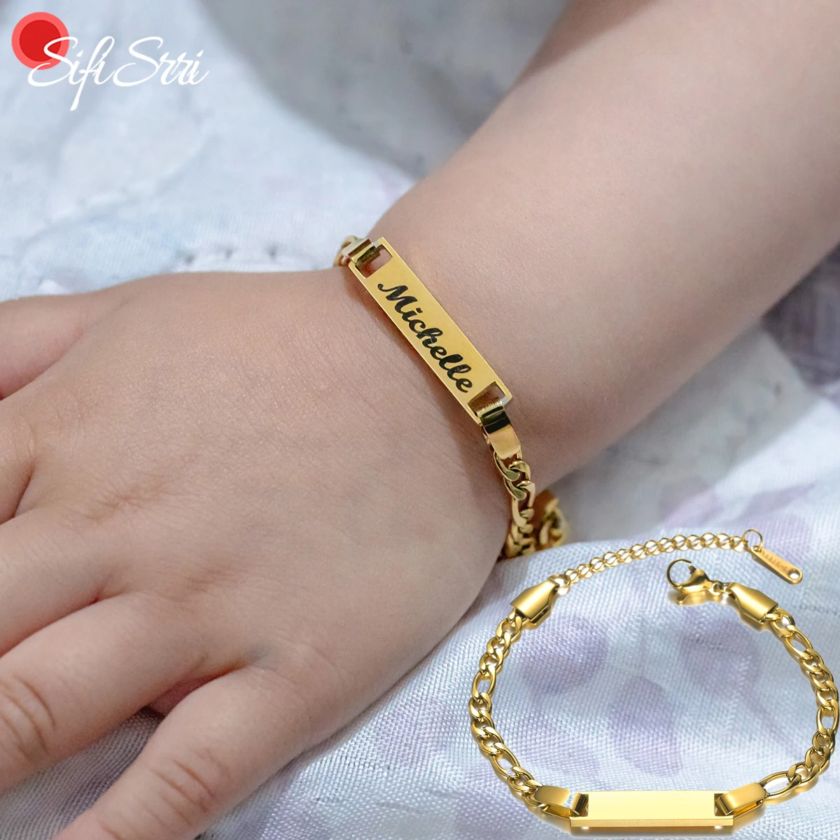 

Sifisrri Personalize Baby Name Bracelet Stainless Steel Figaro Chain Smooth Bangle Adjustable Baby Toddler Child ID Saft Jewelry