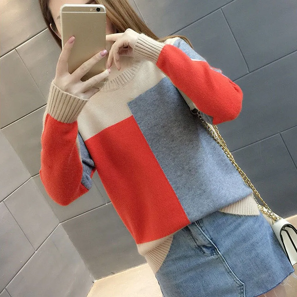 Jersey mujer invierno, женский свитер, Модный Цветной пуловер в стиле пэчворк, зимний теплый свитер с круглым вырезом и длинными рукавами, вязаный Топ, ropa mujer