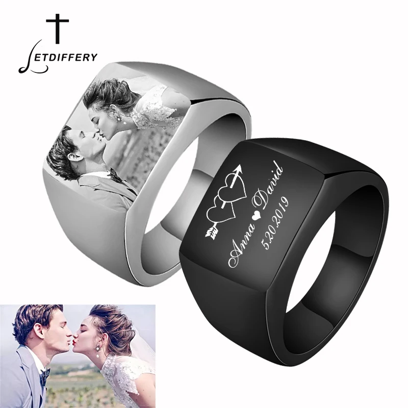 Letdiffery Stainless Steel Customized Square Ring Engrave Photo Name Logo Date Women Men Personlized Jewelry Engagement Gifts
