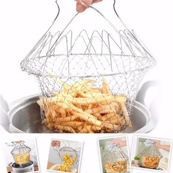 

Foldable Stainless Steel Fry Baskets Chips Presentation Basket Strainer Food Basket Kitchen Tool Cooking French Fries Basket