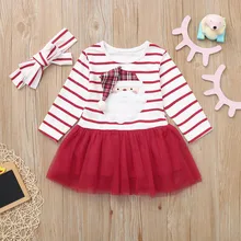 Рождественские наряды для маленьких девочек; Полосатое платье-пачка из тюля с длинными рукавами и рисунком Санта-Клауса для маленьких девочек; Комплект резинок для волос