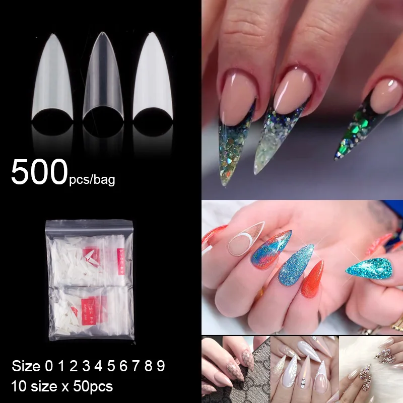 500 шт. короткие накладные ногти в форме стилета с полуобложкой 10 размеров