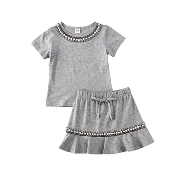 

Summer Short Sleeve Pearl Solid Gray Round Neck T-Shirt Ruffles Skirts Outfits 2PCs Toddler Infant Kids Baby Girls Clothes Set