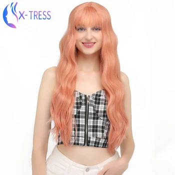 

Synthetic Pink Wigs For Women 20/26 Inches Long Natural Wave X-TRESS Wig With Bangs High Temperature Fiber Cosplay Wig